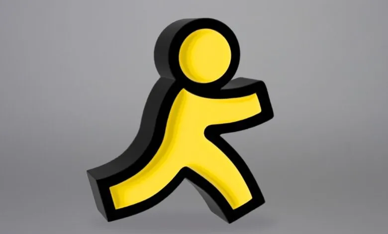 Yellow and black stylized running man logo on gray background.