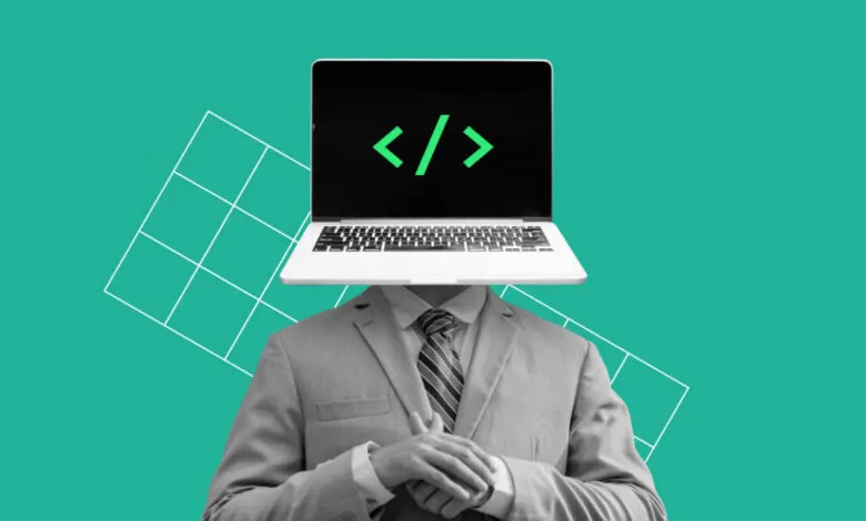 Person with laptop for head, code symbol on screen, wearing suit.