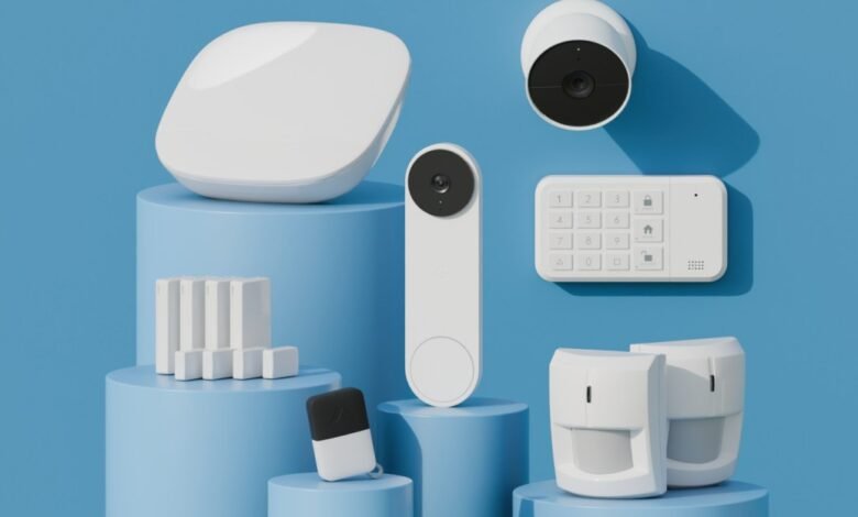 Home security system components: hub, keypad, sensors, camera, doorbell.