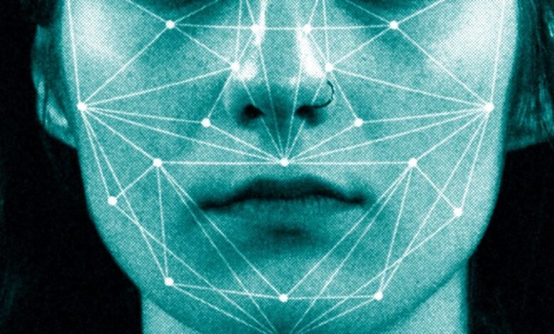 Close-up of a face with a geometric facial recognition overlay.