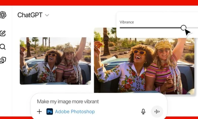 ChatGPT interface showing image vibrancy adjustment with Adobe Photoshop.