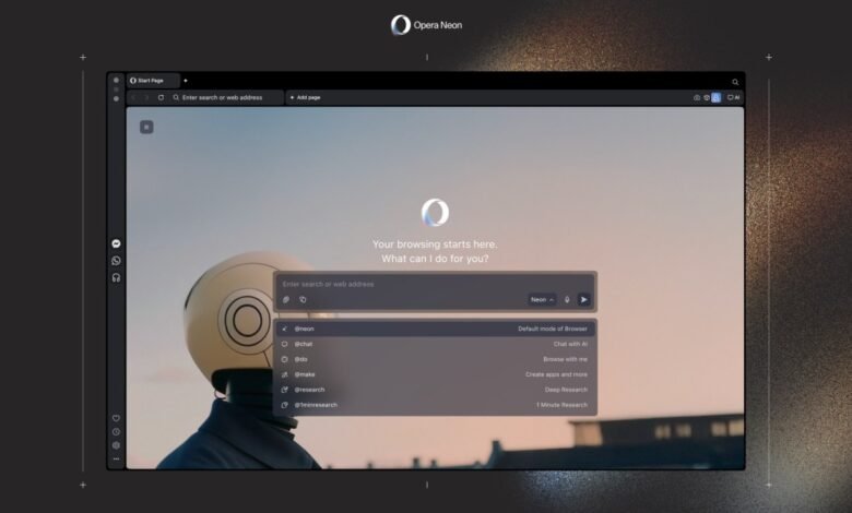 Opera Neon browser interface with search suggestions and a futuristic background.