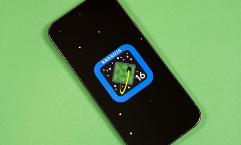 Android 16 logo displayed on a smartphone screen against a green background.