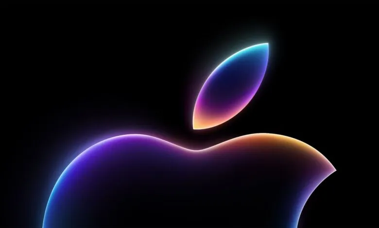 Glowing Apple logo with vibrant purple, blue, and orange gradients on black.