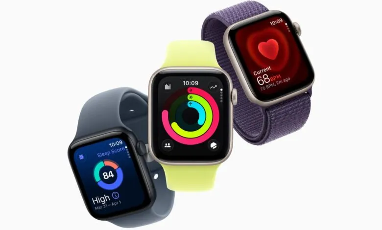 Three Apple Watches with different colored bands and display screens.