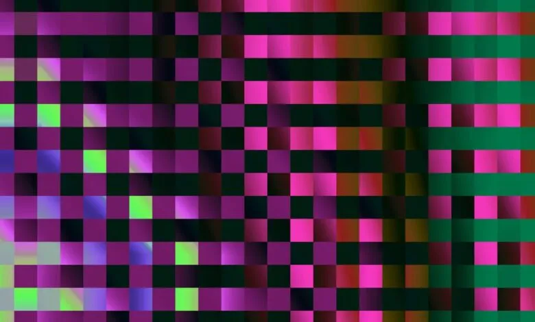 Abstract checkered pattern with purple, green, and pink squares.