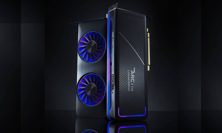 Intel Arc B770 Limited Edition graphics card with dual fans and RGB lighting.