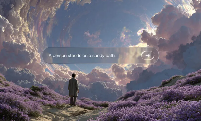 Person stands on sandy path amidst lavender field under swirling clouds.