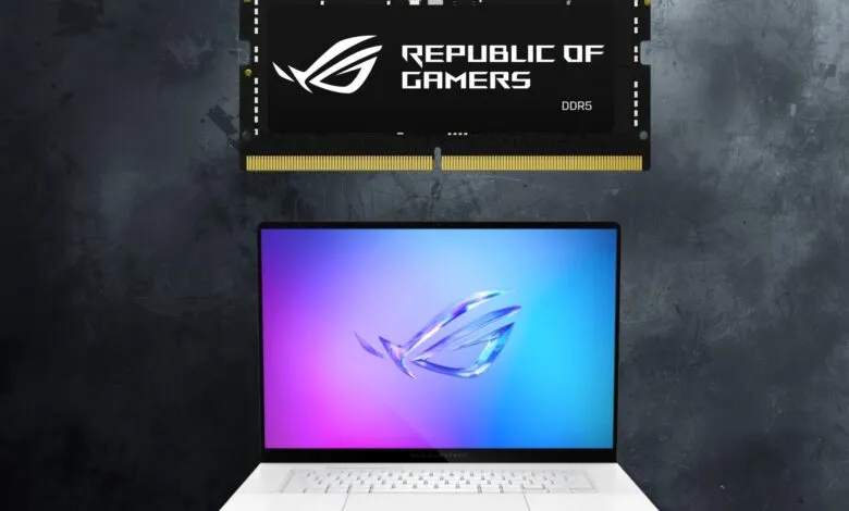 ROG Zephyrus laptop with DDR5 RAM module, showcasing gaming technology.