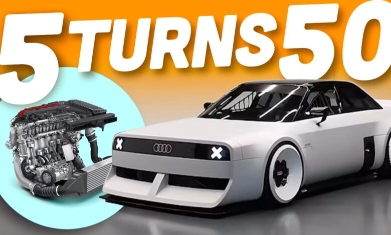 Custom white Audi coupe with engine displayed, text overlay '5 TURNS $50'.