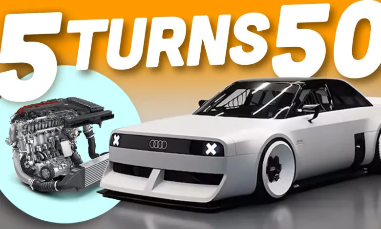 Custom white Audi coupe with engine displayed, text overlay '5 TURNS $50'.