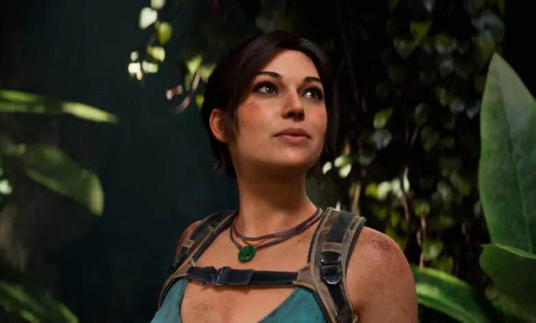 Lara Croft gazes upward in a lush jungle environment.