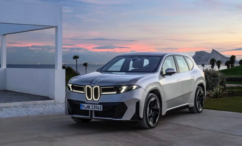 Silver BMW iX3 electric SUV parked with a scenic sunset backdrop.