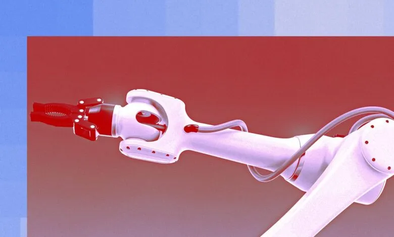 Close-up of a white robotic arm with red accents against a red and blue background.