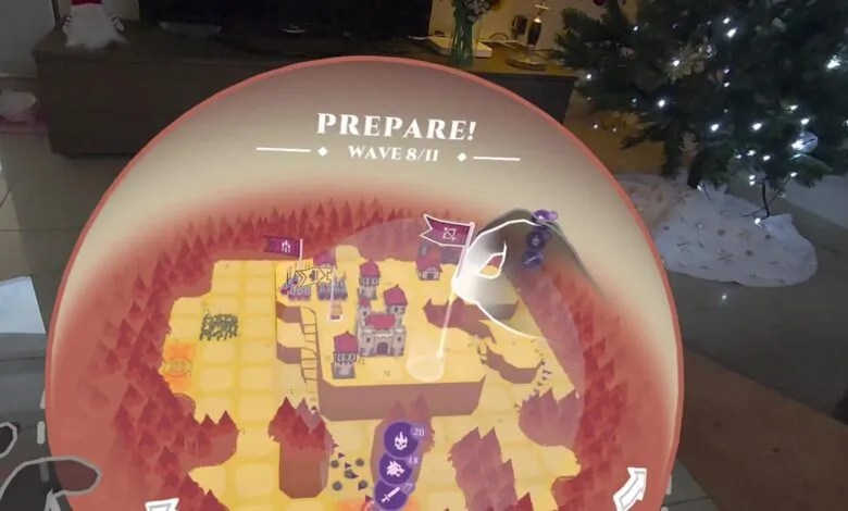 Augmented reality game shows a map with castles and forests, wave 8/11.
