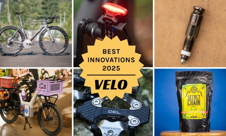 Collage of bicycle innovations including bike, light, valve, e-bike, pedals, chain lubricant.