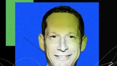 Portrait of Daniel Lurie with a vibrant, graphic background.