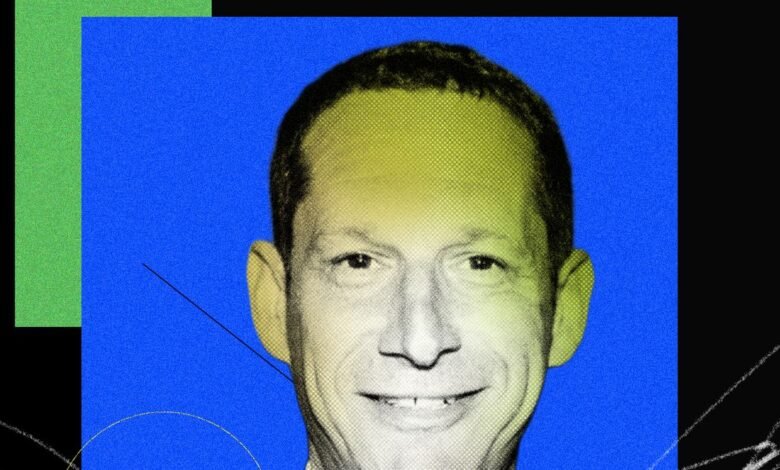 Portrait of Daniel Lurie with a vibrant, graphic background.