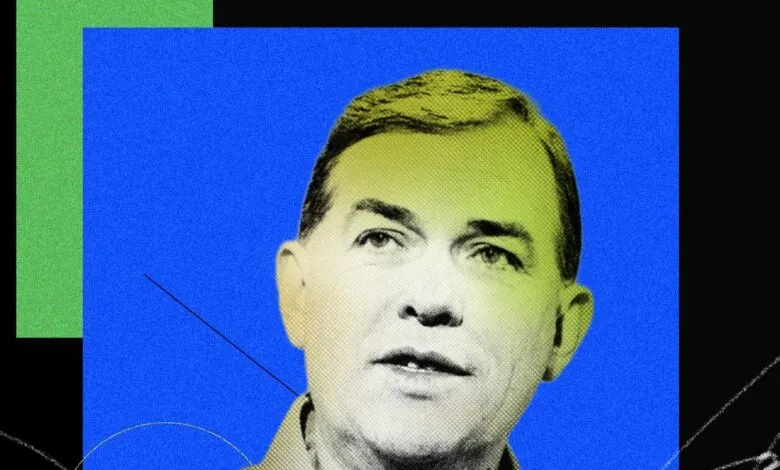 Portrait of Matt Garman with a vibrant, graphic design background.