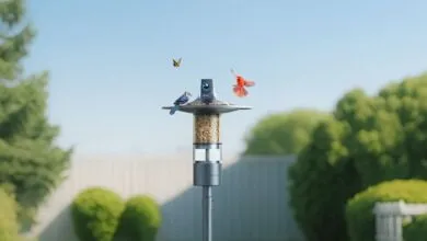 Smart bird feeder with camera, blue jay, cardinal, and butterfly.