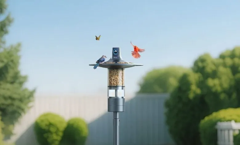 Smart bird feeder with camera, blue jay, cardinal, and butterfly.