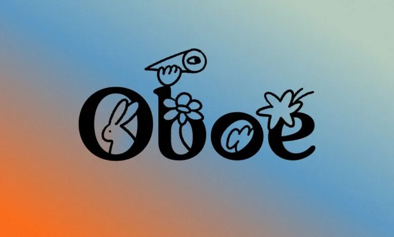 Stylized word 'Oboe' with illustrations of a rabbit, flower, hand holding a telescope, and a star.