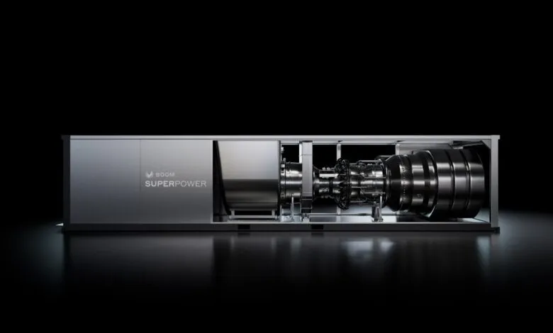 Boom Supersonic's Superpower engine displayed in a silver container.
