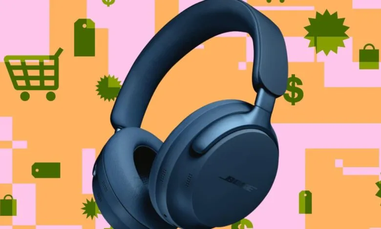 Blue Bose headphones on a colorful shopping-themed background.