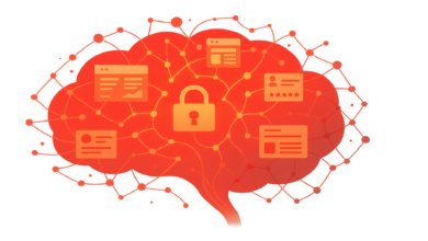 Orange brain graphic with tech icons and a padlock, representing data security.