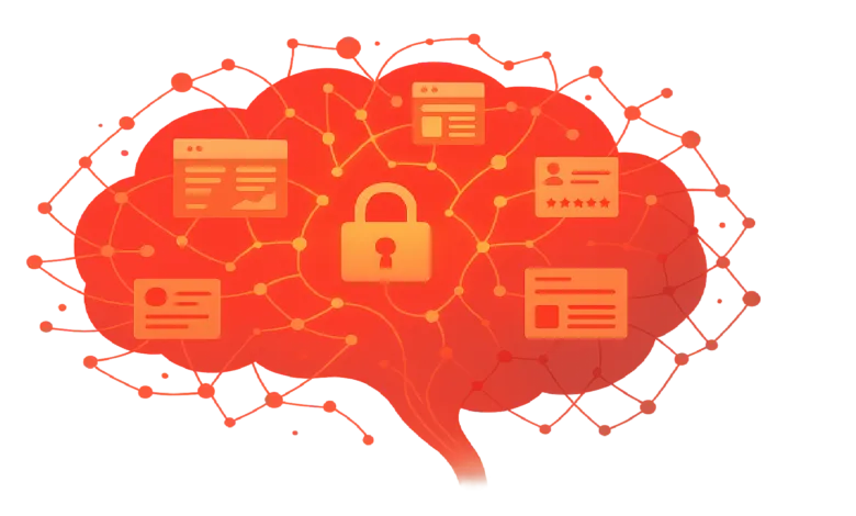 Orange brain graphic with tech icons and a padlock, representing data security.