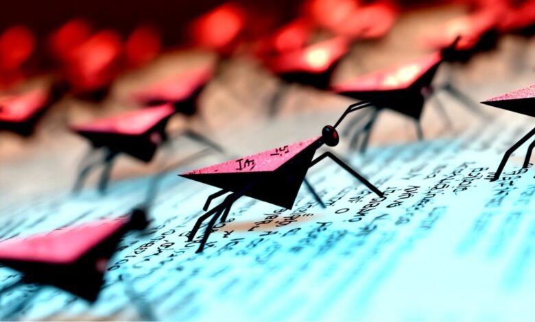 Stylized bugs with pink wings crawl across a page of text.