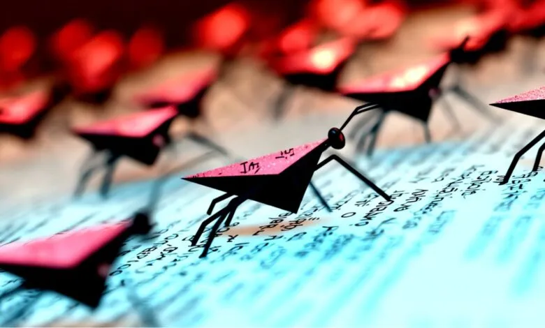 Stylized bugs with pink wings crawl across a page of text.