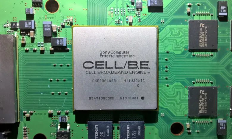 Close-up of a PlayStation 3 motherboard with the CELL/B.E. processor.