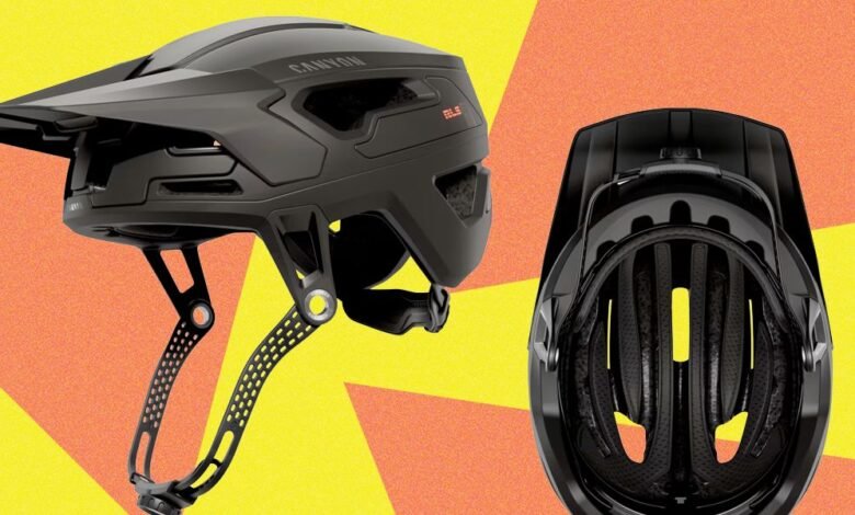 Two views of a black Canyon Deflectr RLS mountain bike helmet.