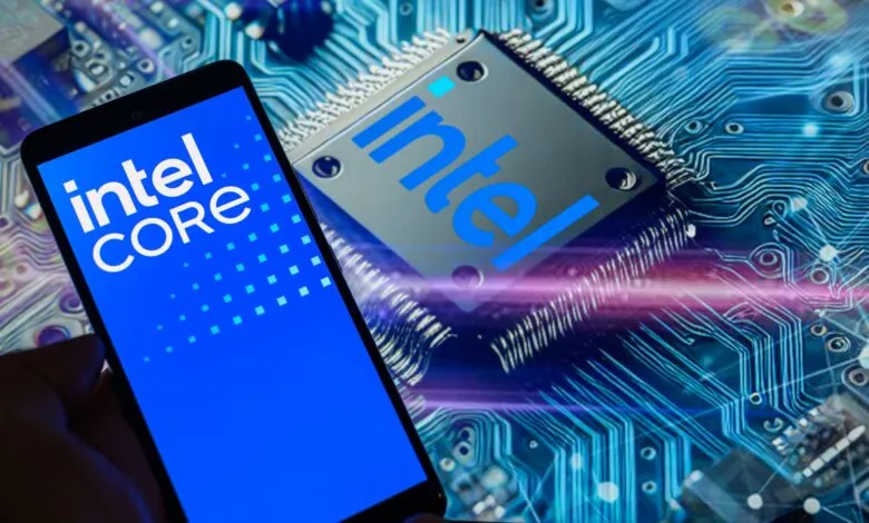 Close-up of Intel chip and phone displaying Intel Core logo.