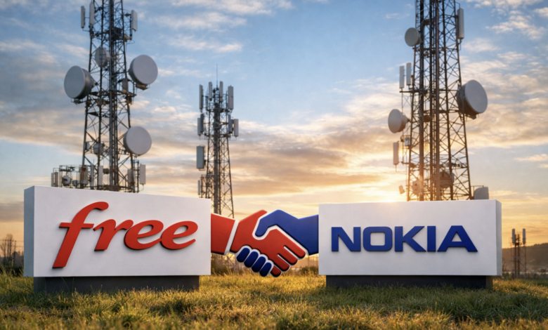 Free and Nokia logos shake hands in front of cell towers.
