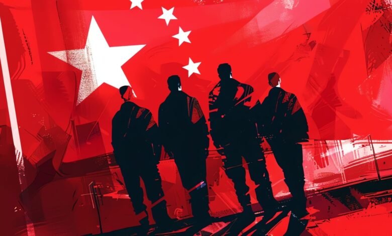 Silhouetted figures stand before a stylized Chinese flag backdrop.