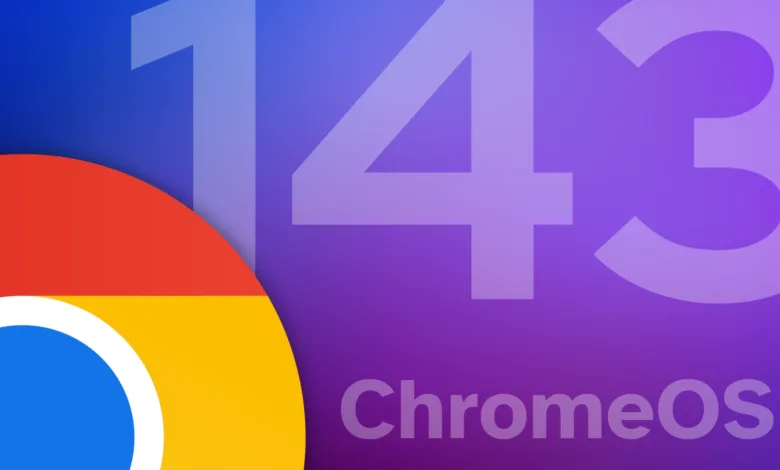ChromeOS 143 promotional graphic with Chrome logo and purple gradient background.