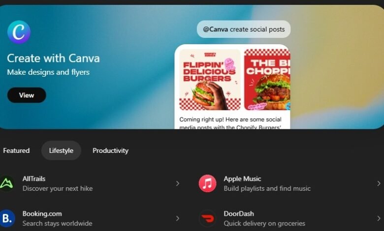 Screenshot of Canva integration with other apps like AllTrails, Apple Music, DoorDash.