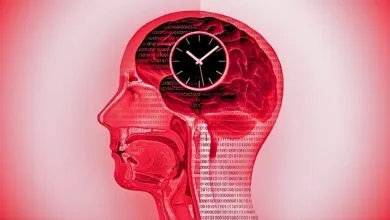 Human head outline with brain, clock, and binary code overlay.