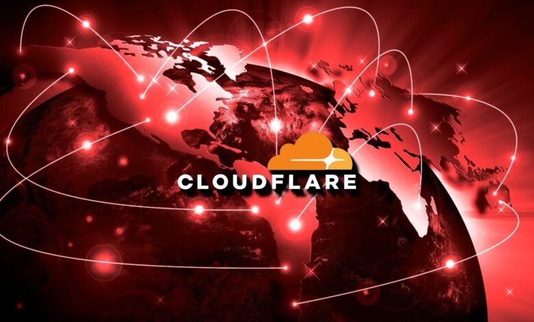 Cloudflare logo over a red world map with network connections.