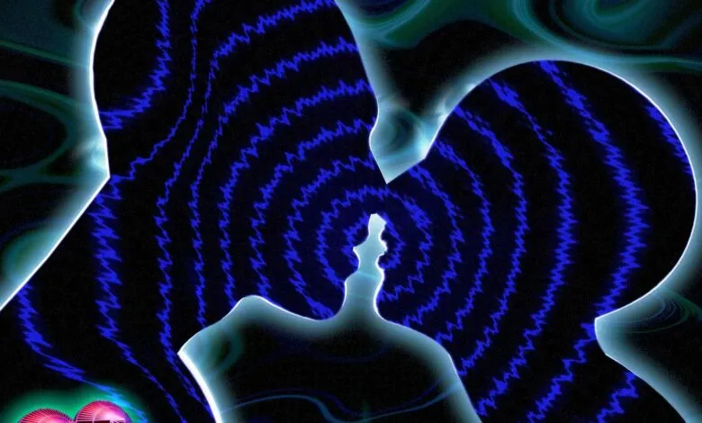 Abstract art featuring silhouettes of two people with blue wave patterns.