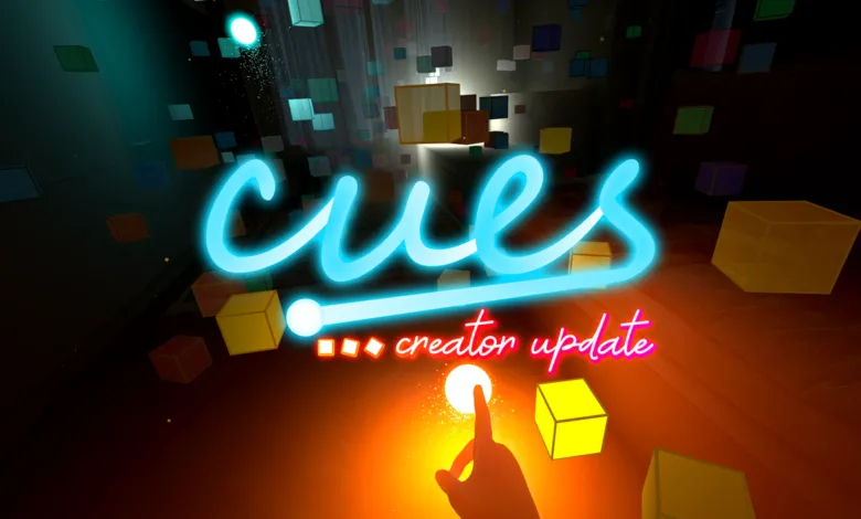 Cues Creator Update with glowing text and floating cubes.