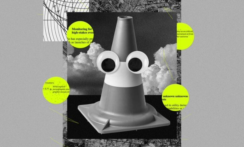 Traffic cone with googly eyes against a collage background.