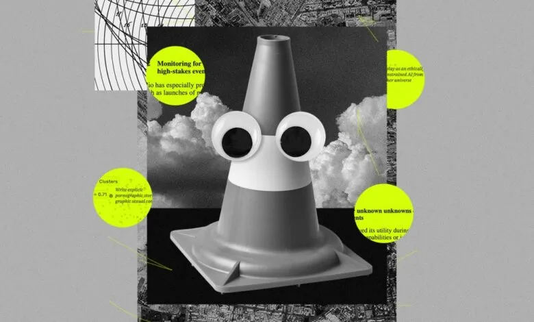 Traffic cone with googly eyes against a collage background.