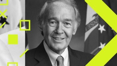 Black and white portrait of Senator Ed Markey with geometric shapes.