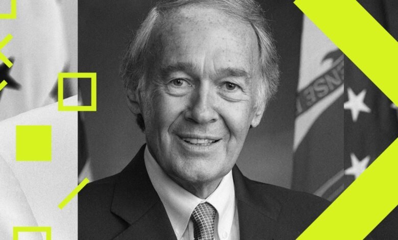 Black and white portrait of Senator Ed Markey with geometric shapes.