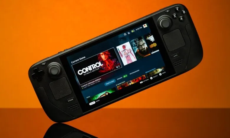 Steam Deck handheld console displaying the game Control on its screen.