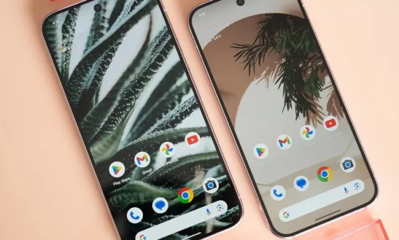 Two smartphones displaying home screens with plant-themed wallpapers and app icons.