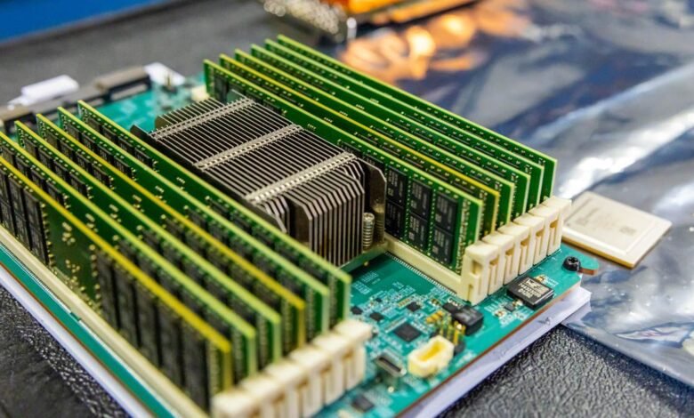 Close-up of a server motherboard with multiple RAM modules installed.